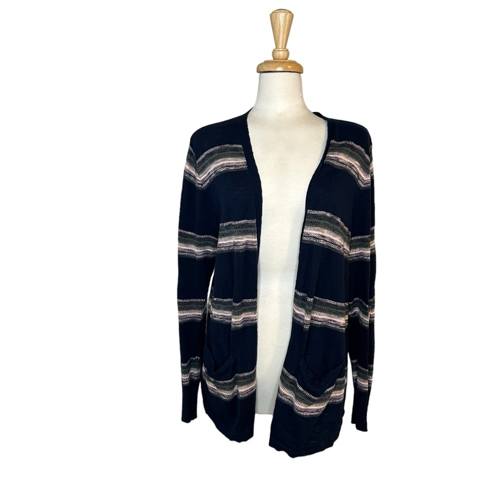 EDDIE BAUER Cardigan XL Cotton Open Front Lightweight Navy Striped Pink Green